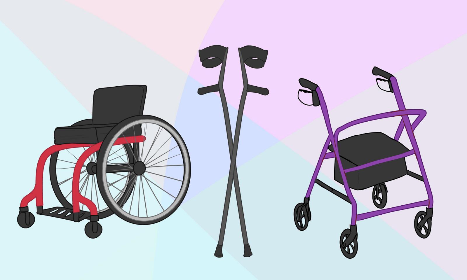 Image with a wheelchair, cane and rollator.